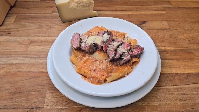 Paccheri di Gragnano ao molho de tomate com pimentão e entrecôte