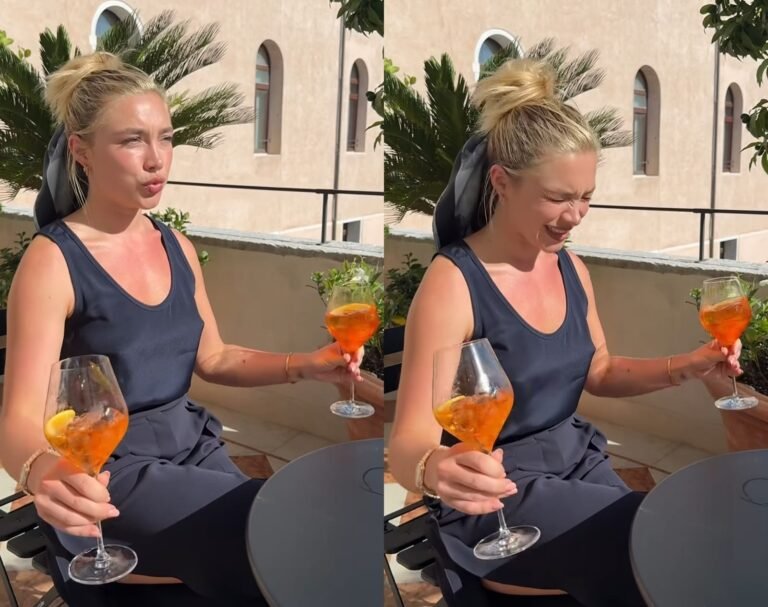 Florence Pugh brinca ao tomar drinks em Veneza