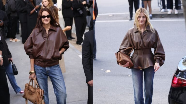 Shailene Woodley e Sarah Pidgeon elegem jaqueta marrom e jeans para desfile da Balenciaga em Paris